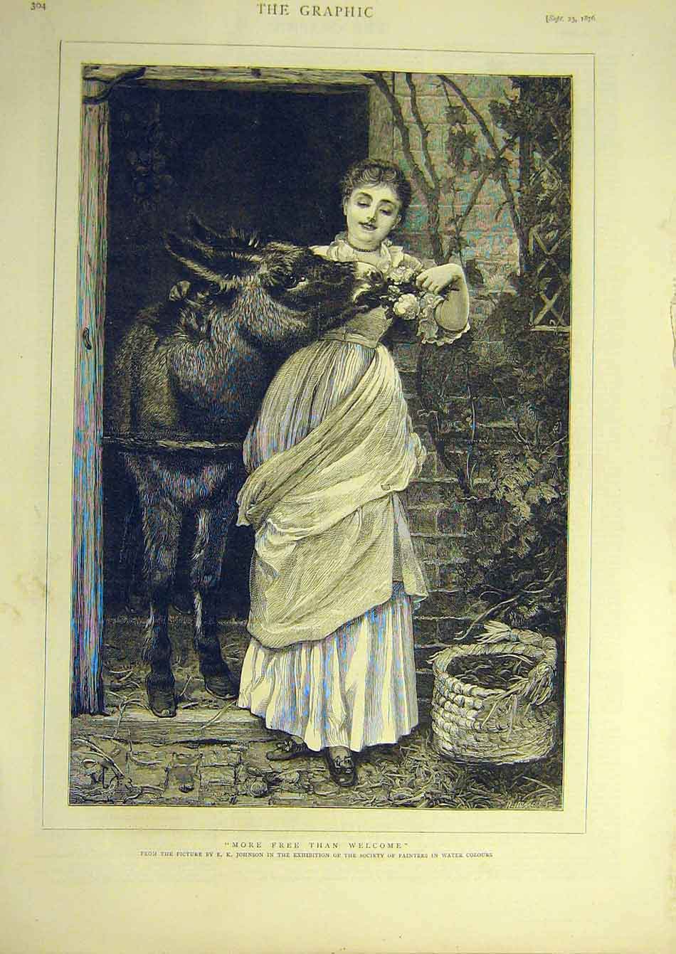 Original Old Antique Print 1876 Johnson Free-Welcome Donkey Lady Flowers 19th