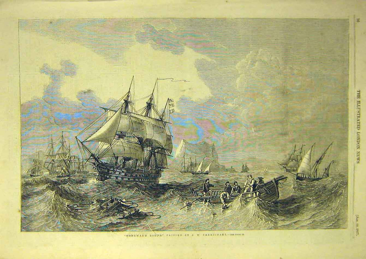 Original Old Antique Print 1857 Homeward Bound Carmichael Fine Art Ship Boat
