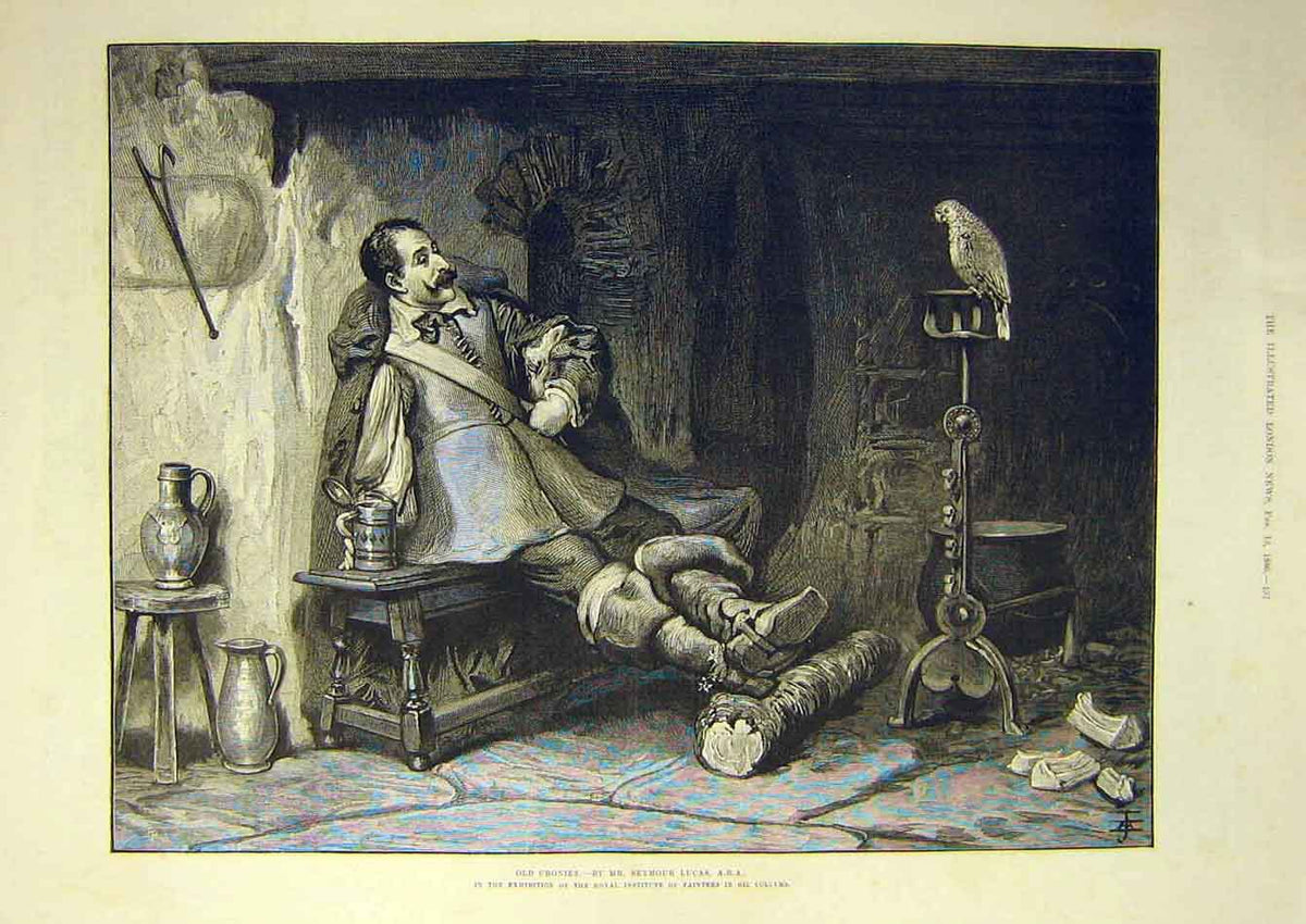 Original Old Antique Print 1886 -Cronies Lucas Parrot Man Bird Fine Art 19th