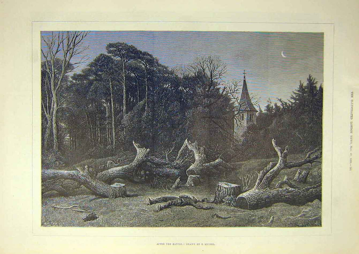 Original Old Antique Print 1888 After-Battle Michel Sier Field Forest Victorian