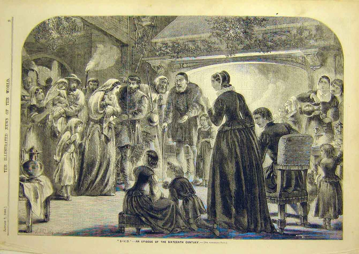 Original Old Antique Print 1860 Saved Sixteenth Century People Children 19th