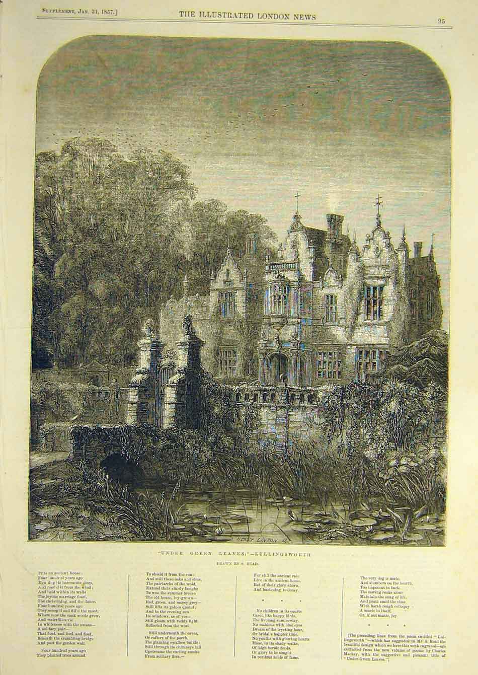 Original Old Antique Print 1857 Read Green-Leaves Lullingsworth Verse Victorian
