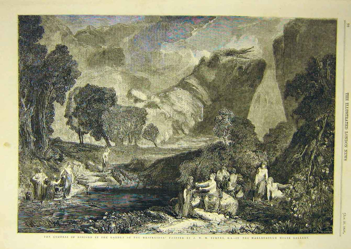 Original Old Antique Print 1857 Goddess Discsord Garden Hesperides Turner 19th