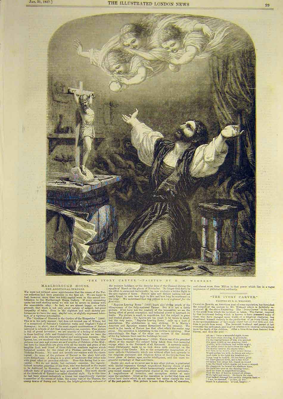 Original Old Antique Print 1857 Ivory-Carver Wehnert Verse Christ Statue 19th