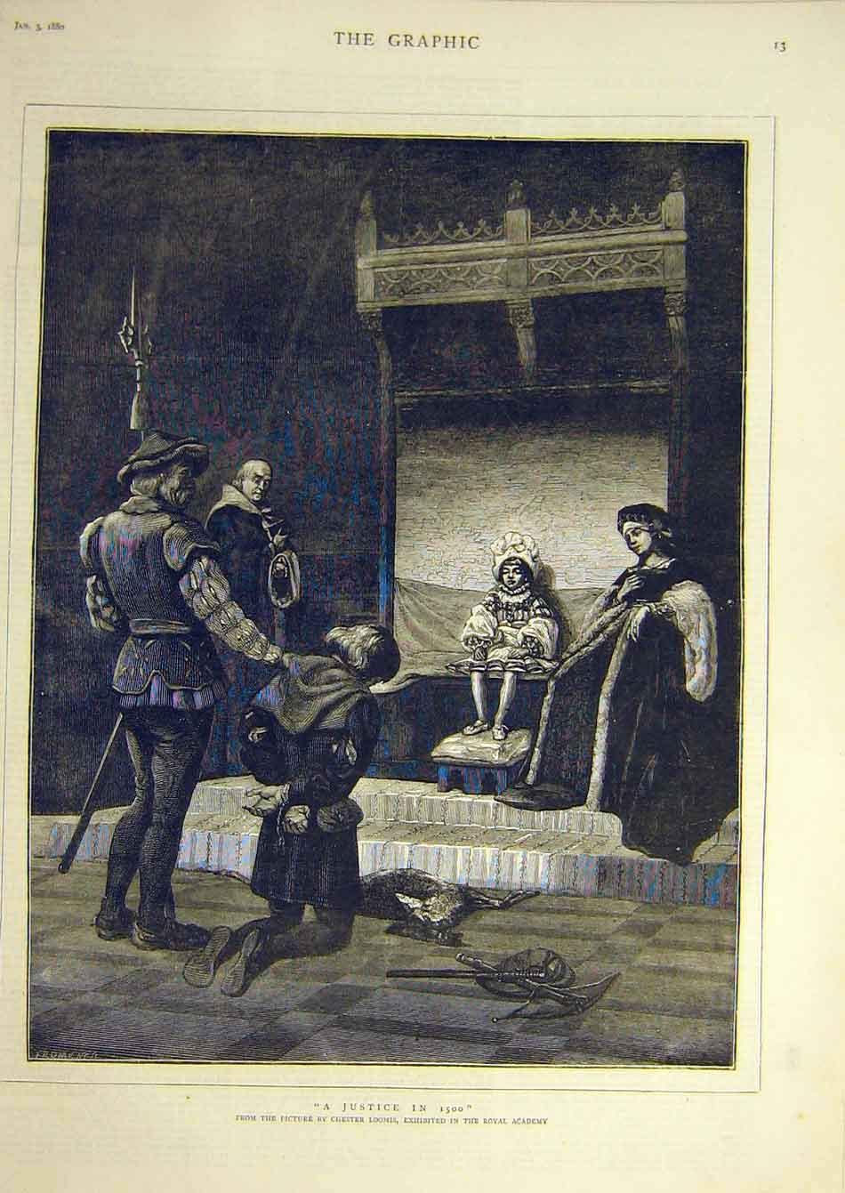 Original Old Antique Print 1880 Justice 1500 Loomis Hunter Poacher Fine Art 19th