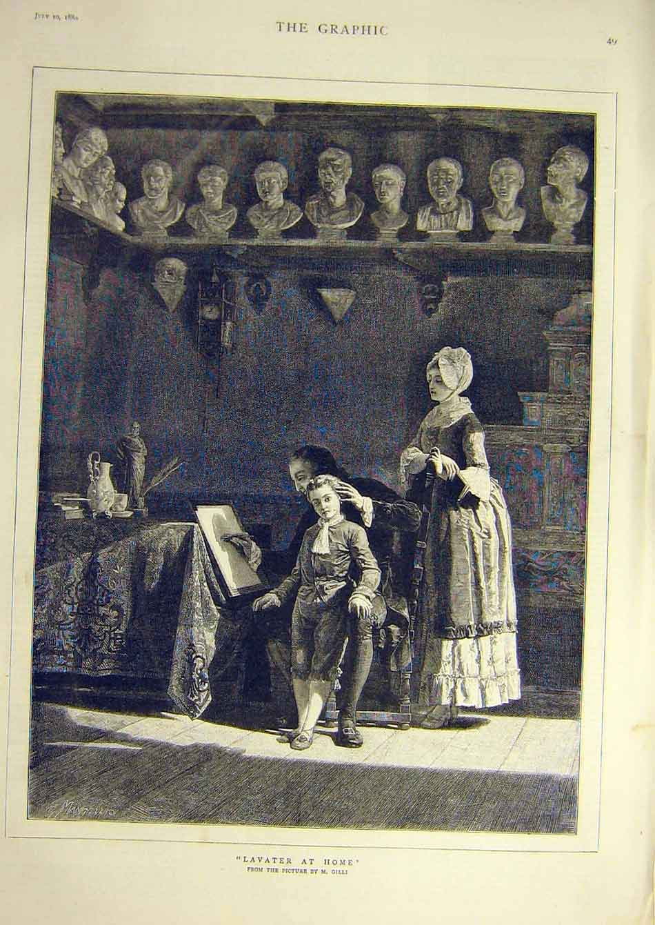 Original Old Antique Print 1880 Lavater Home Gilli Sketch Portrait Sculptor 19th