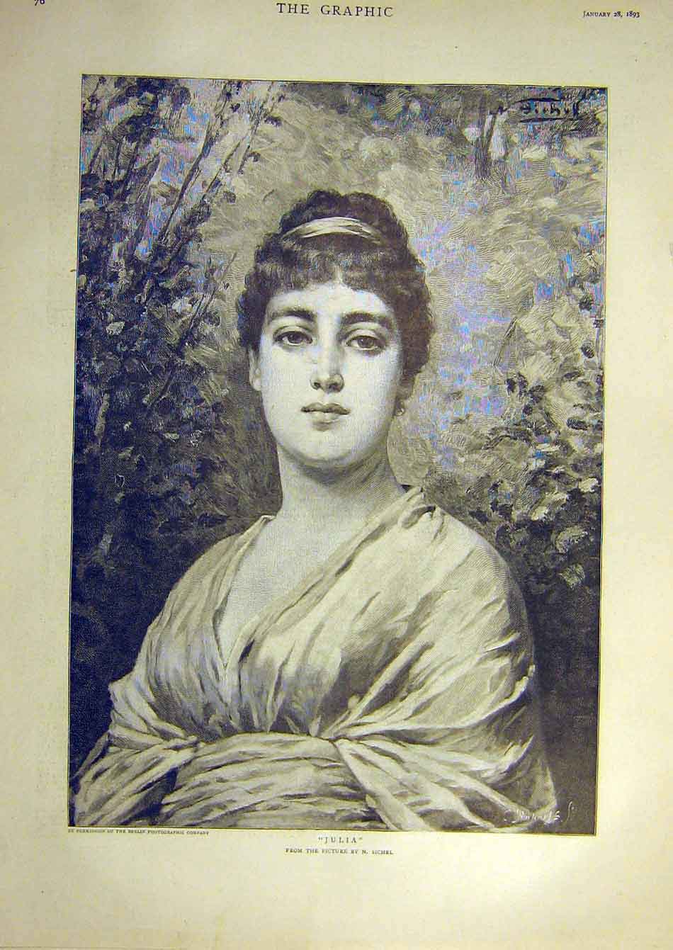 Original Old Antique Print 1893 Julia Sichel Portrait Lady Woman Fine Art 19th
