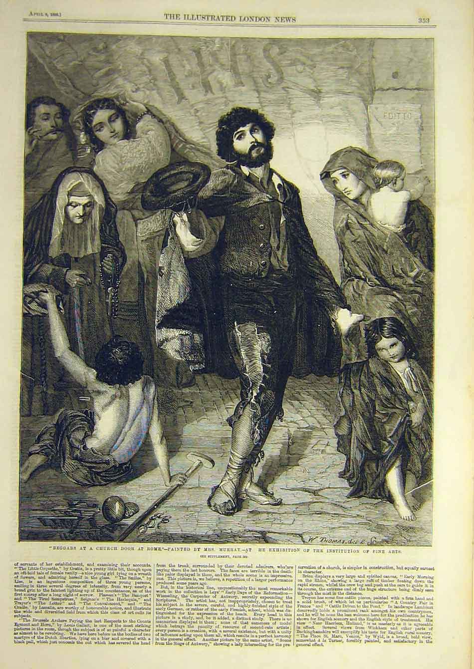 Original Old Antique Print 1859 Beggars Church Rome Murray Fine Art Victorian