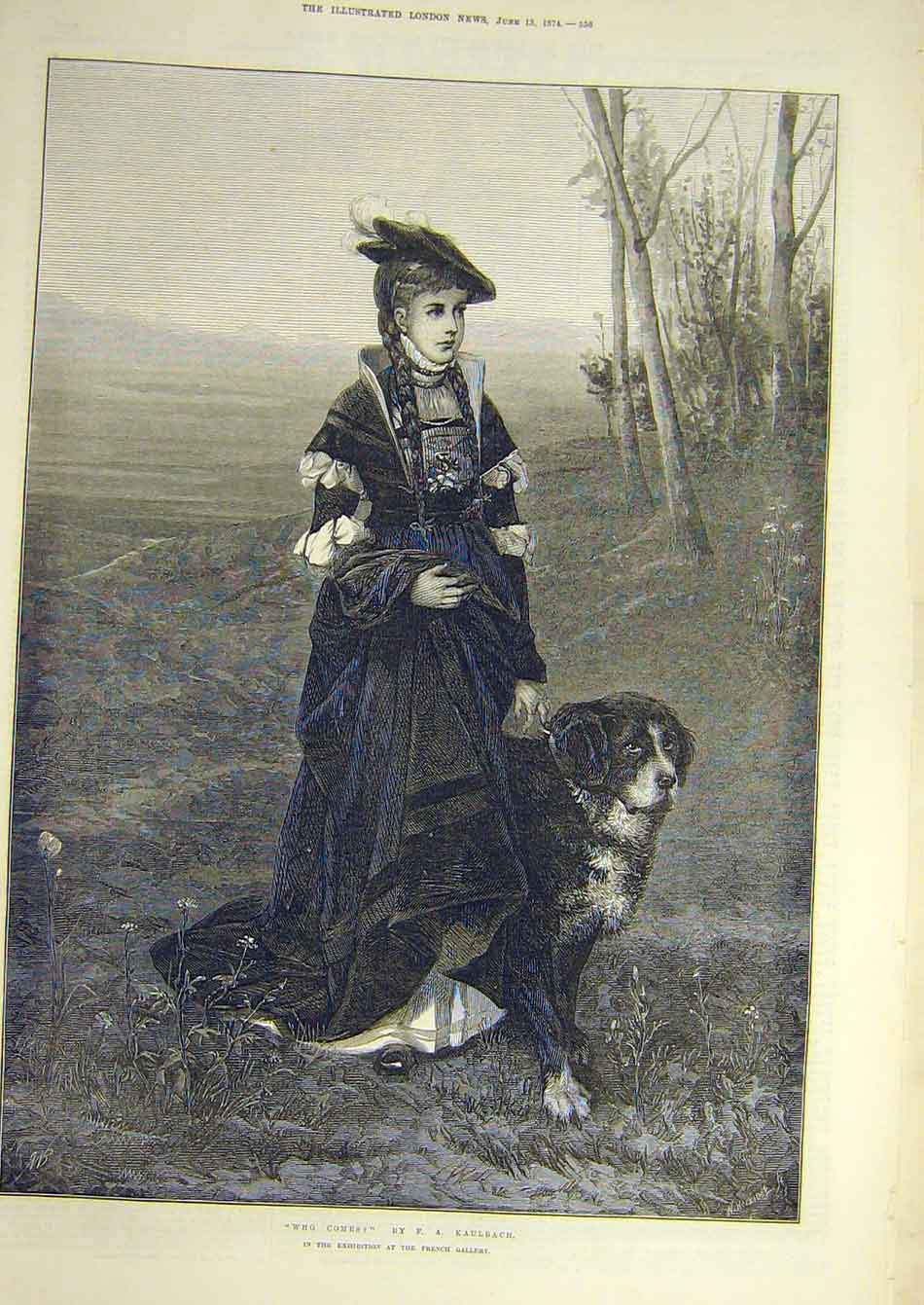 Original Old Antique Print 1874 Kaulbach Lady Dog Who-Comes Girl Fine Art 19th