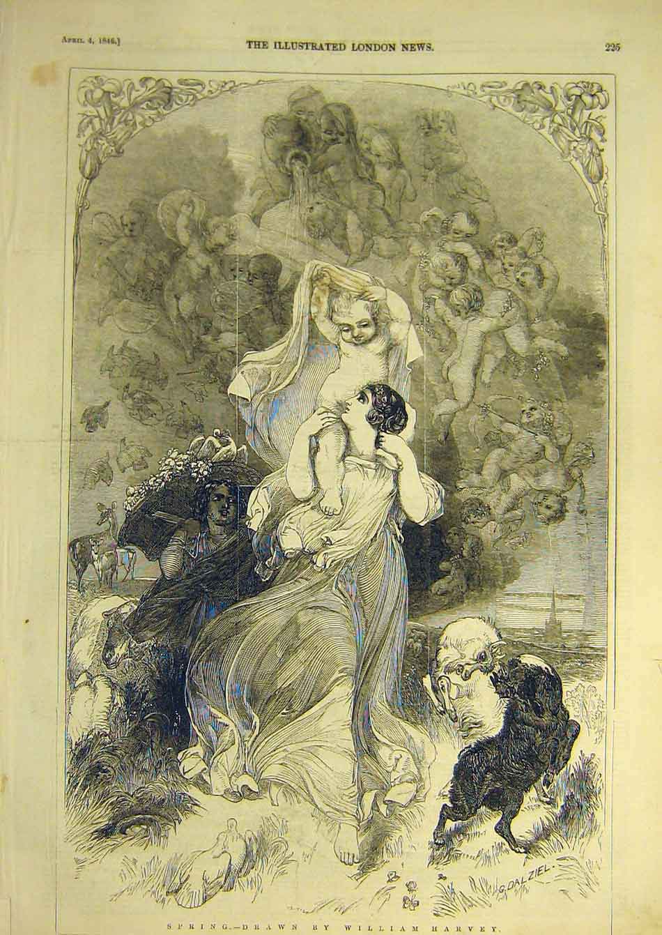 Original Old Antique Print 1846 Spring Harvey Lady Goats Cupid Angels Victorian