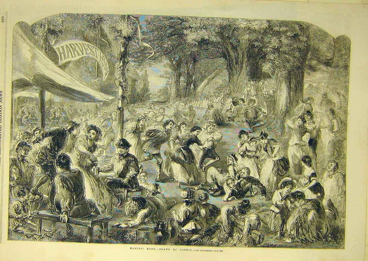 Original Old Antique Print 1858 Godwin Harvest-Home Festival Fine Art Victorian