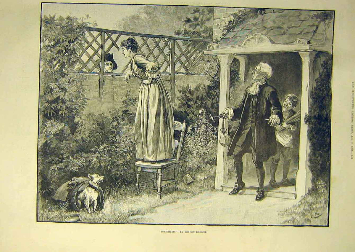 Original Old Antique Print 1893 Browne Surprised Lady Man Fence Dog Art 19th