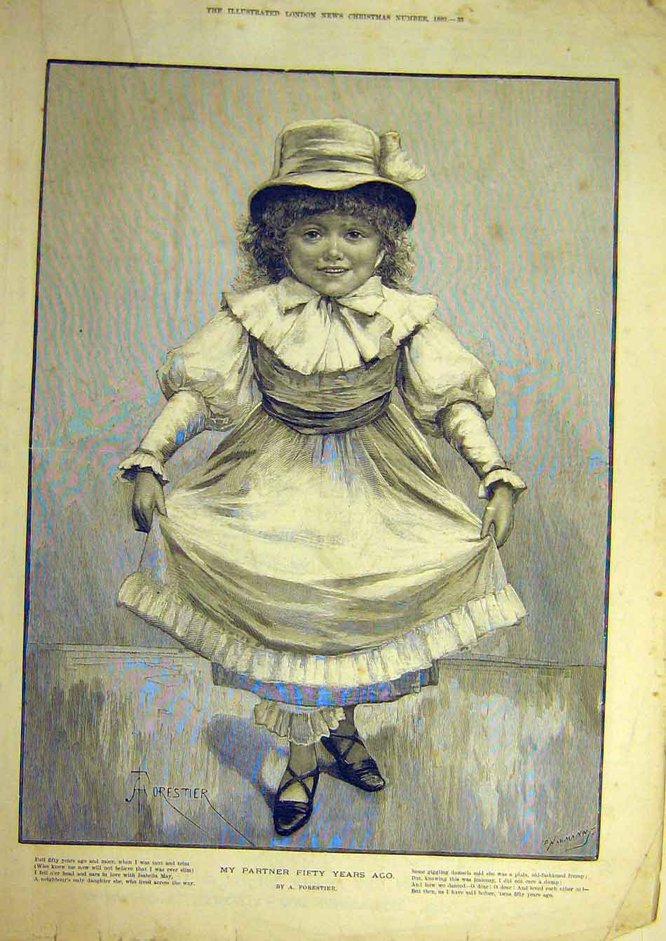 Original Old Antique Print 1889 Forestier Partner Child Verse Isabella-May 19th