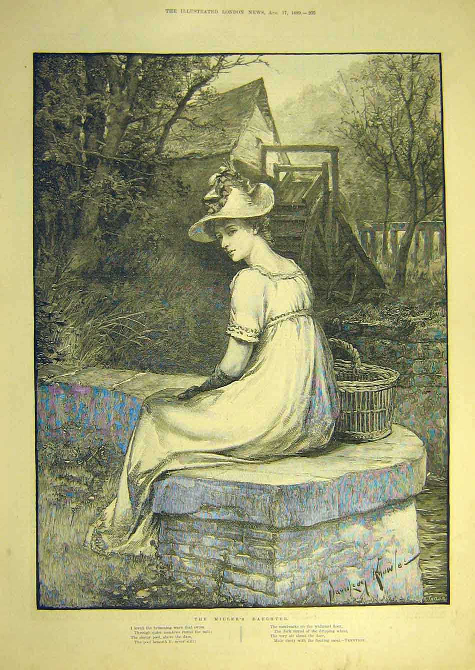 Original Old Antique Print 1889 Miller'S Daughter Knowles Verse Art Lady 19th