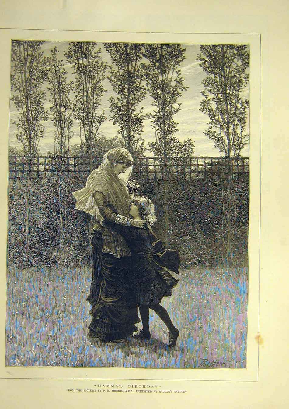 Old Antique Print 1881 Mama'S Birthday Morris Child Lady Daughter Flowers 19th