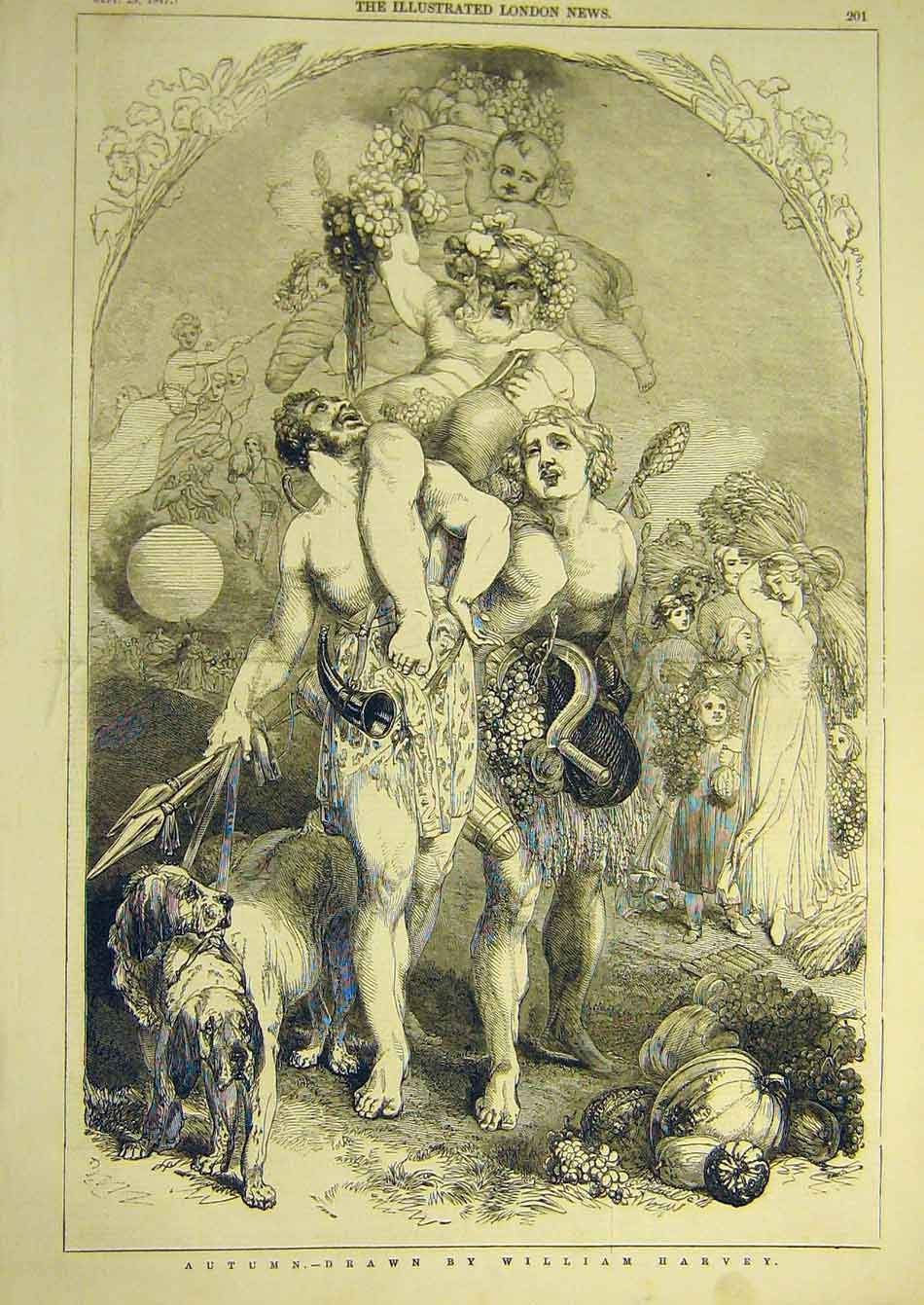 Original Old Antique Print 1847 Harvey Autumn Sketch Harvest Grapes Wheat 19th