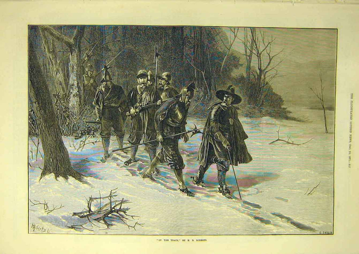 Original Old Antique Print 1871 On-Track Roberts Siers Troops Men Snow Victorian