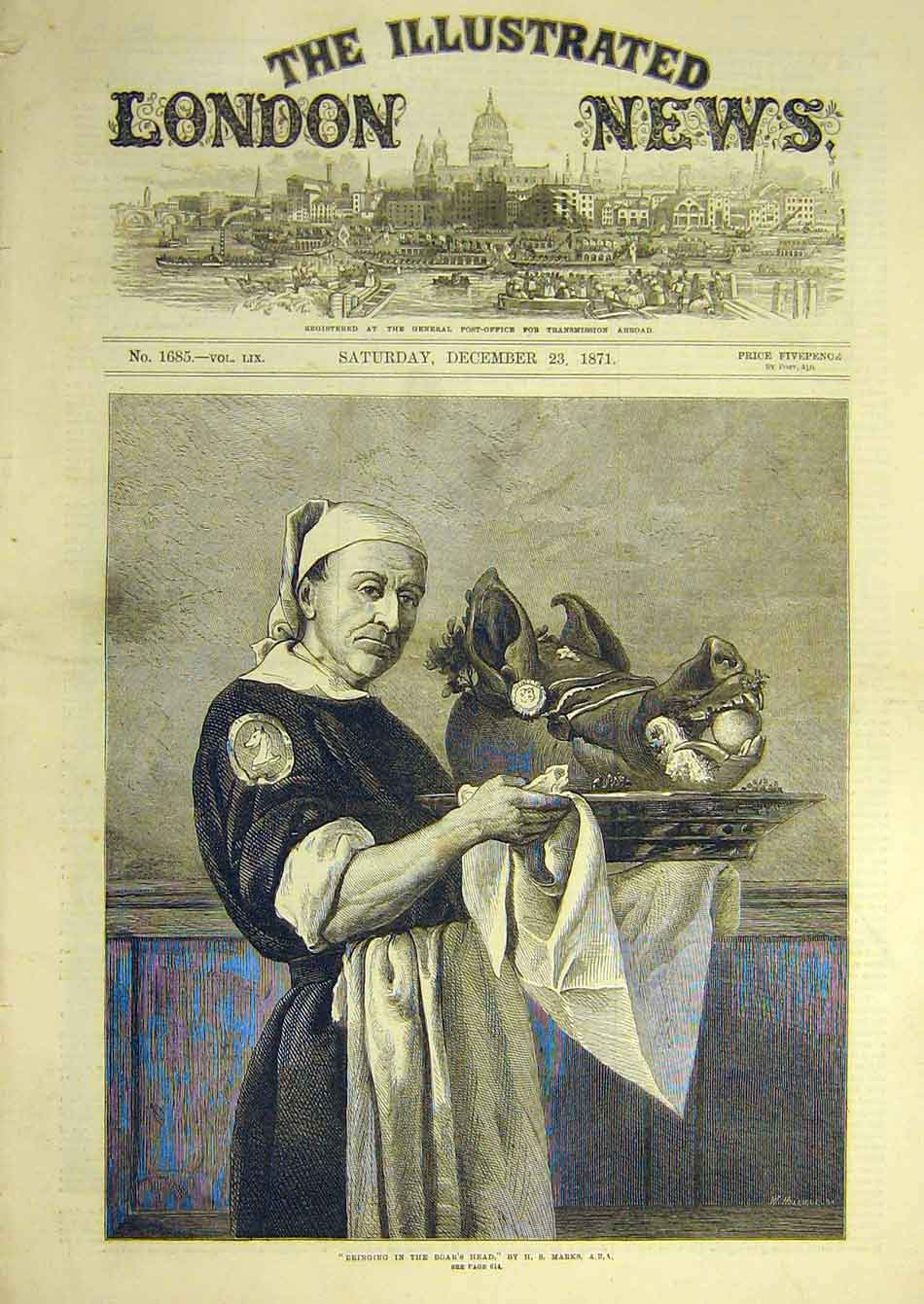 Original Old Antique Print 1871 Marks Boar'S Head Dinner Food Fine Art Victorian