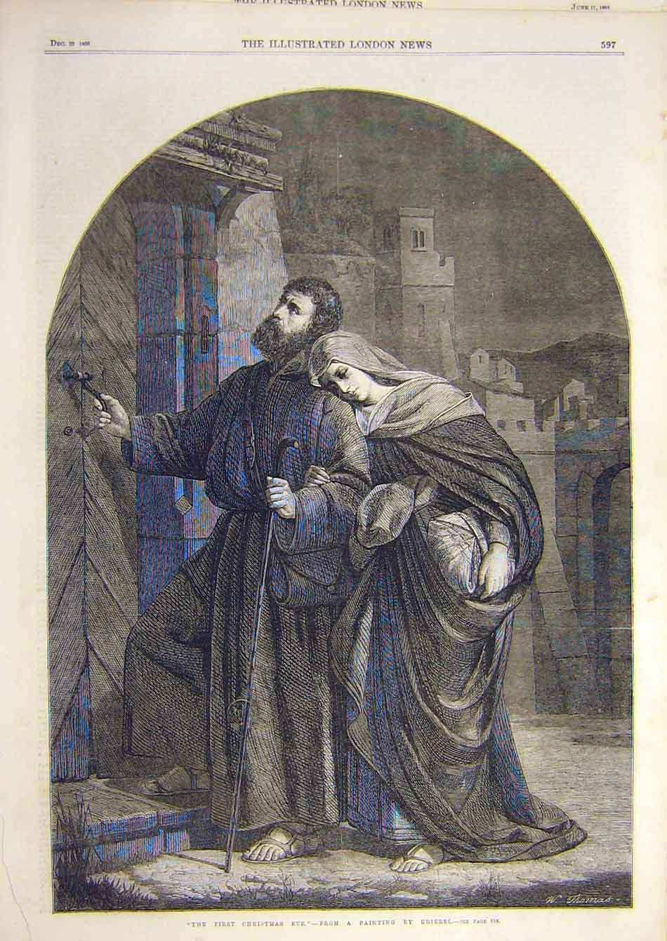 Original Old Antique Print 1866 Kriebel First-Christmas Eve Religious Victorian