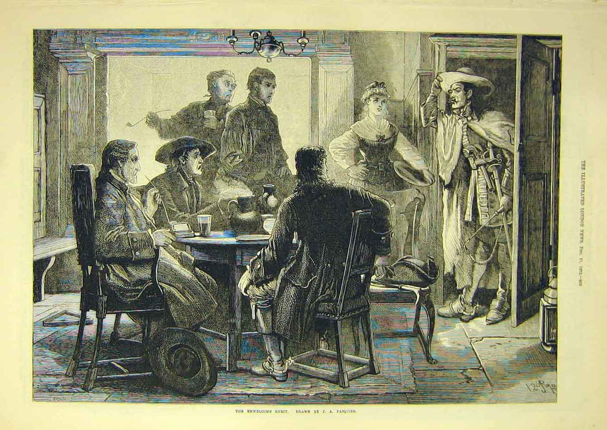 Original Old Antique Print 1872 Pasquier Unwelcome-Guest Man People Victorian