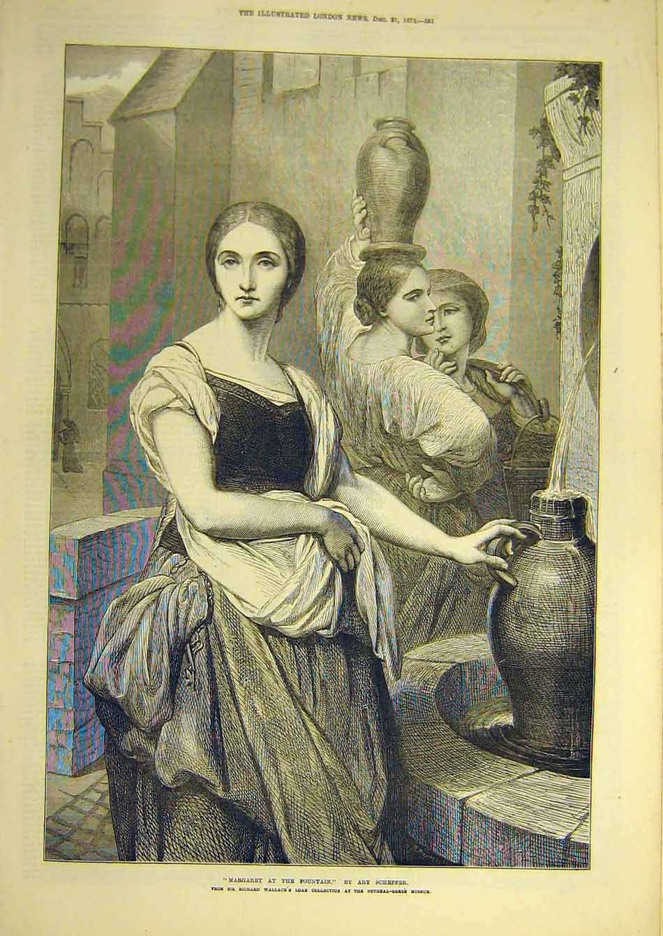 Original Old Antique Print 1872 Scheffer Margaret Fountain Lady Water-Jug 19th