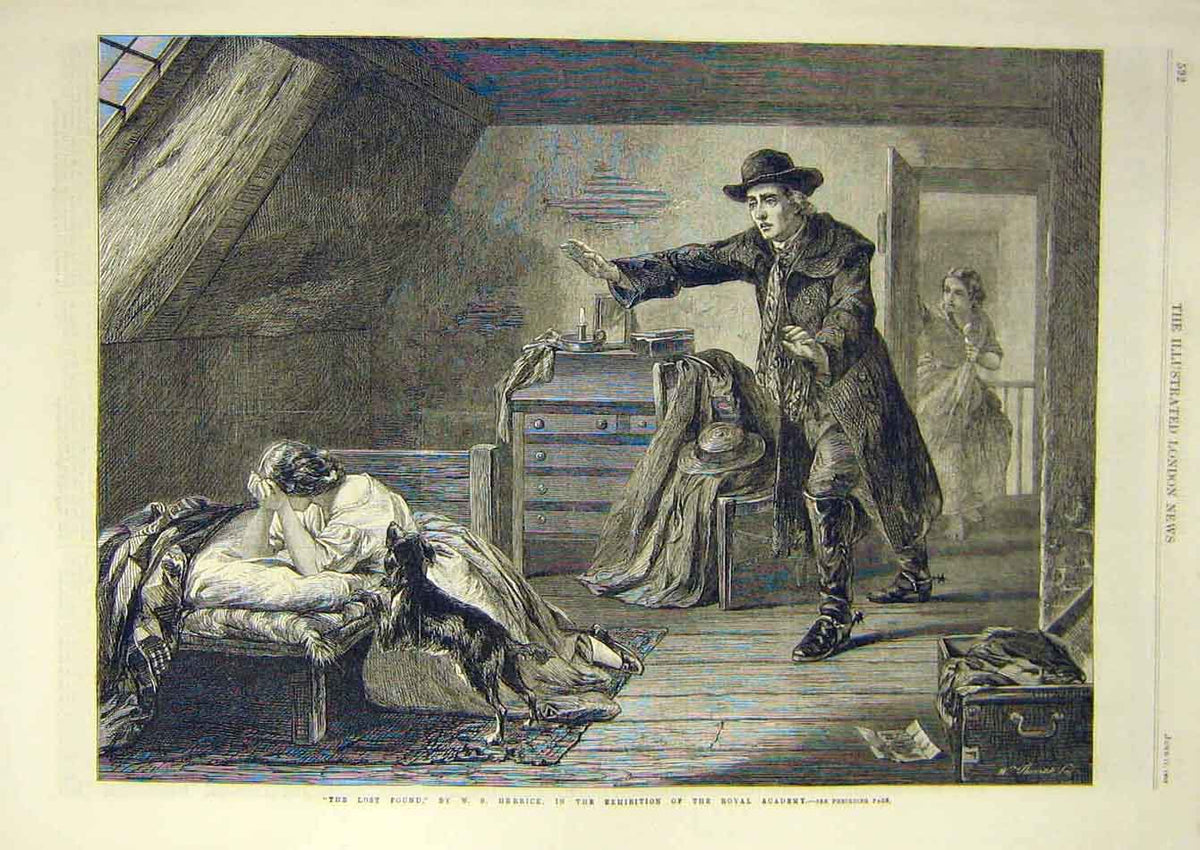 Original Old Antique Print 1865 Lost-Found Herrick Man Lady Dog Returned 19th