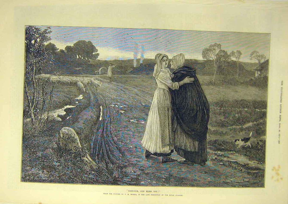 Original Old Antique Print 1874 Morris Good-Bye Bless-You Lady -Woman Shepherd