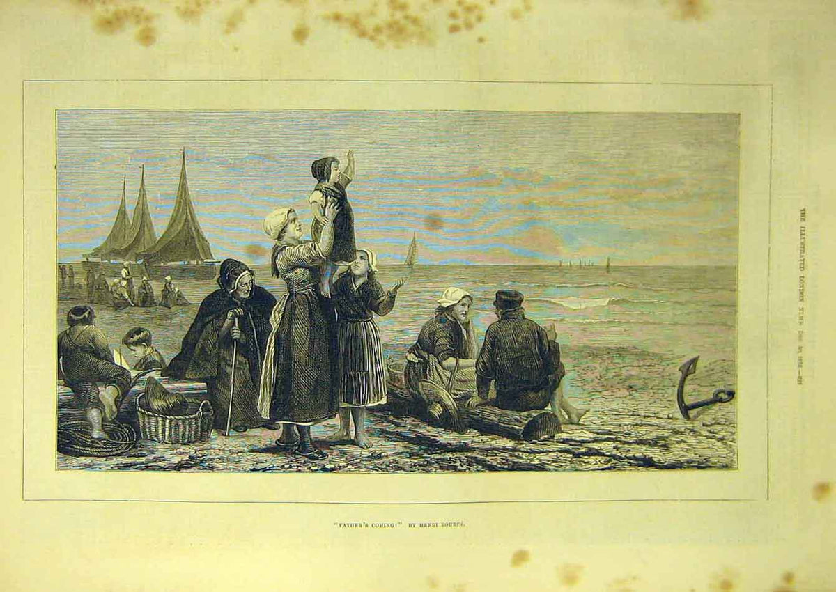 Original Old Antique Print 1876 Bource Father'S-Coming Fisherman Beach Family