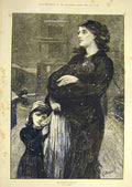 Original Old Antique Print 1876 Homeless Buckman Lady Baby Child Snow Victorian