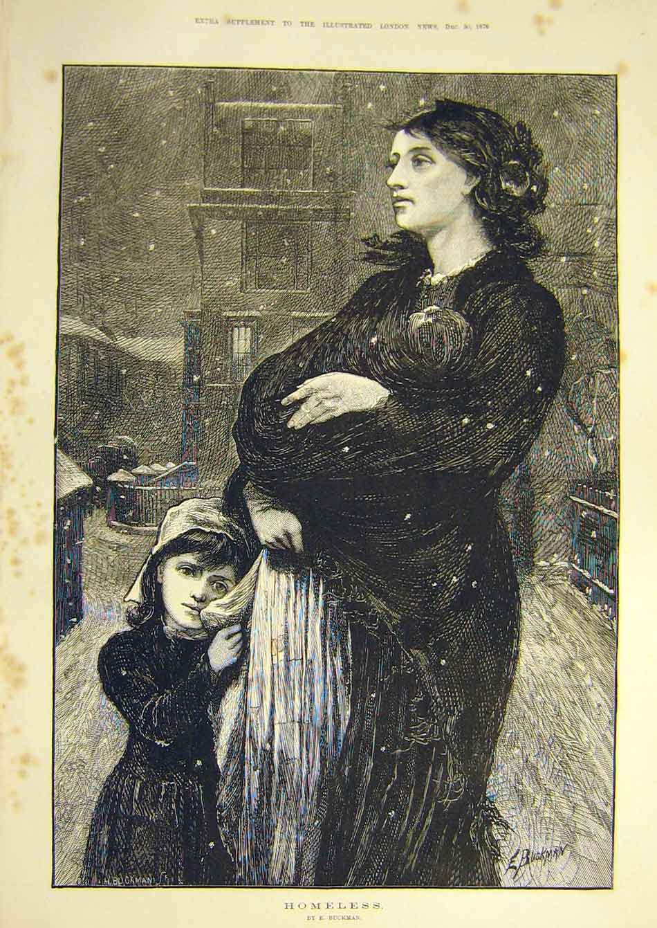 Original Old Antique Print 1876 Homeless Buckman Lady Baby Child Snow Victorian