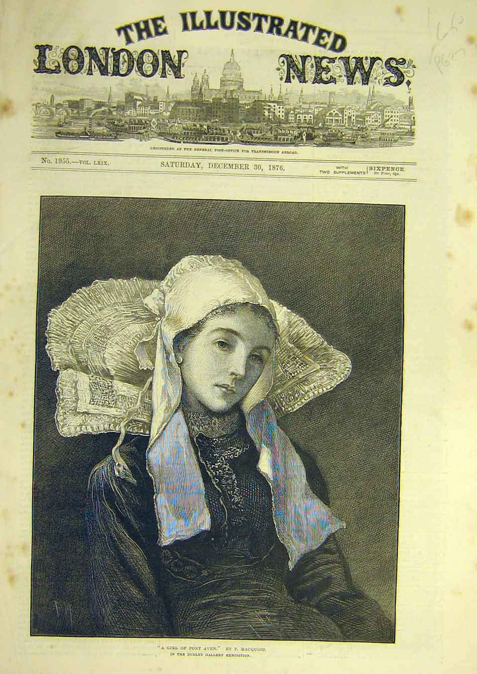 Original Old Antique Print 1876 Girl Pont-Aven Macquoid Lady Bonnet Portrait Art