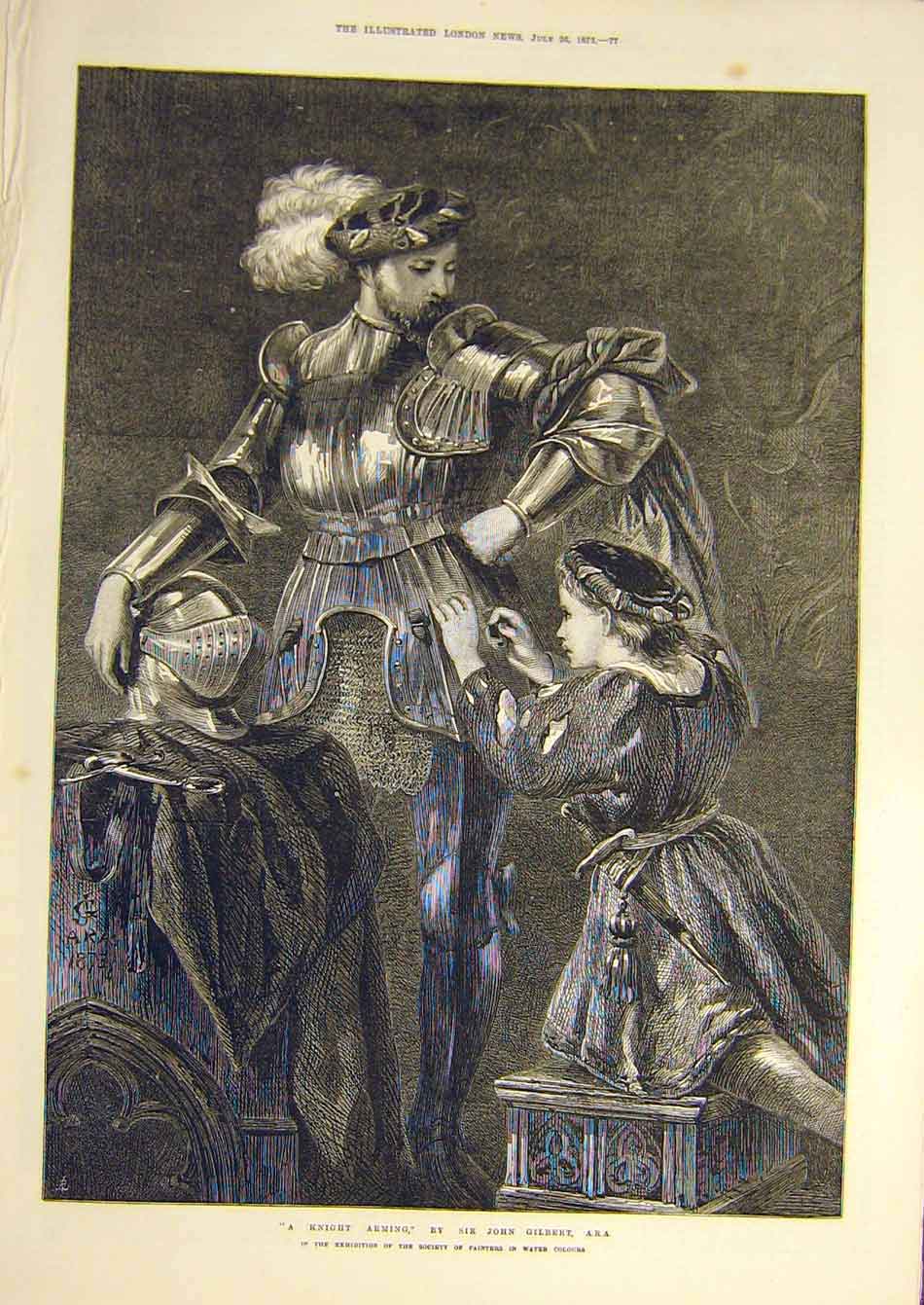 Original Old Antique Print 1873 Knight-Arming Armour Gilbert Boy Fine Art 19th