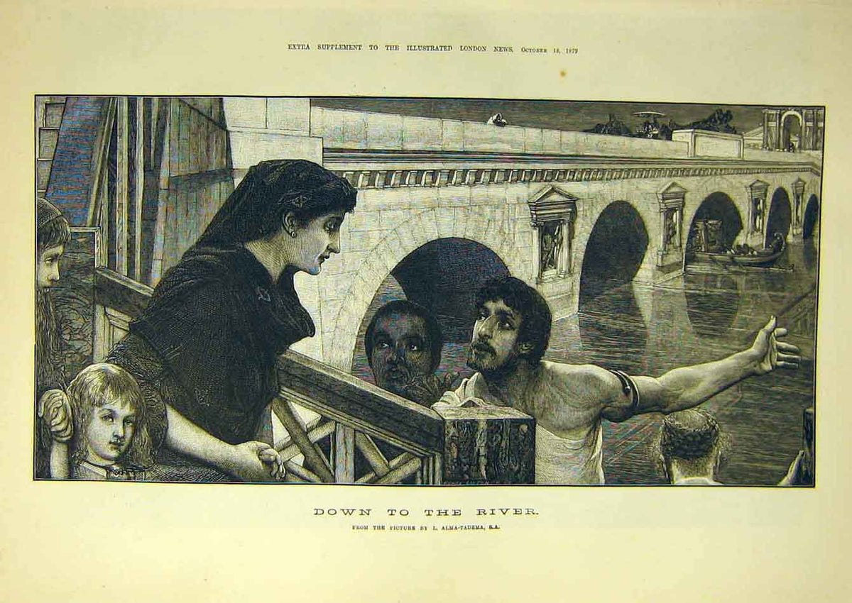 Original Old Antique Print 1879 Alma-Tadema River Lady Children Fine Art 19th