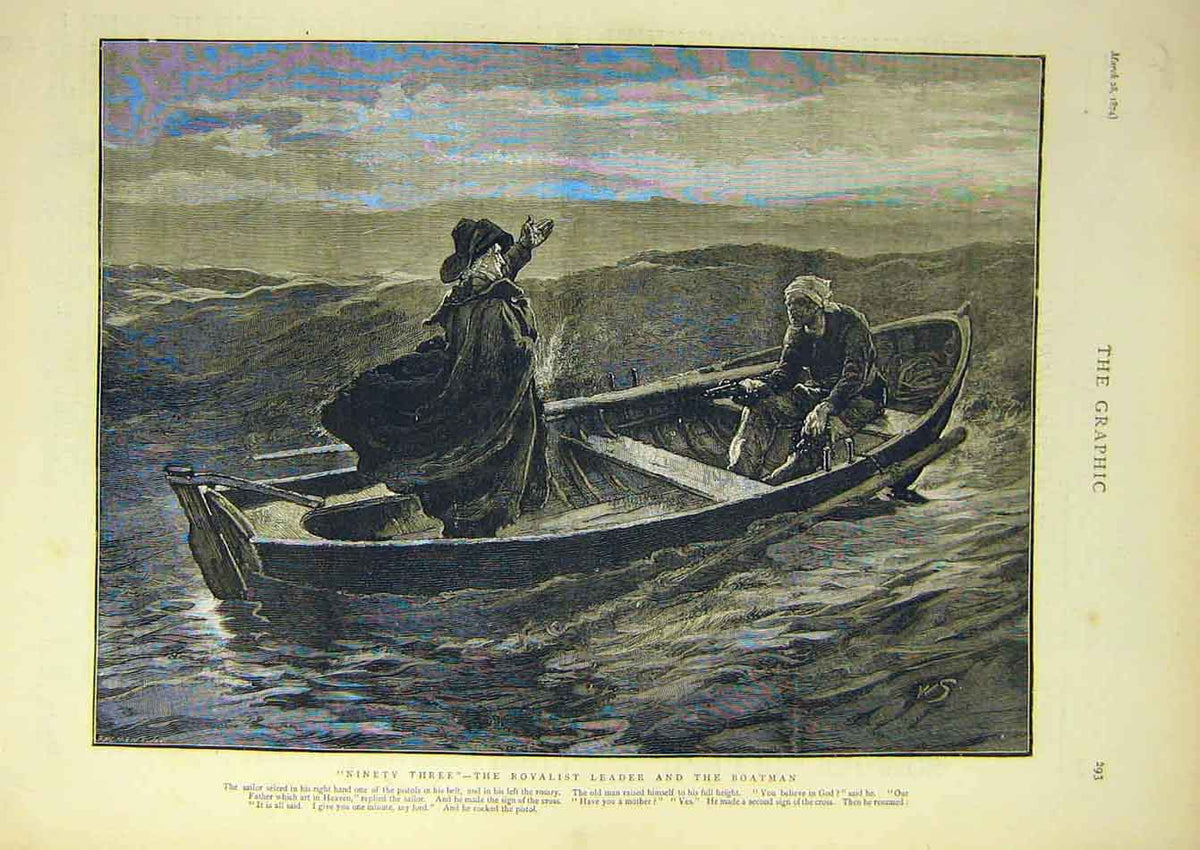 Original Old Antique Print 1874 Ninety-Three Royalist Leader Boatman Victorian