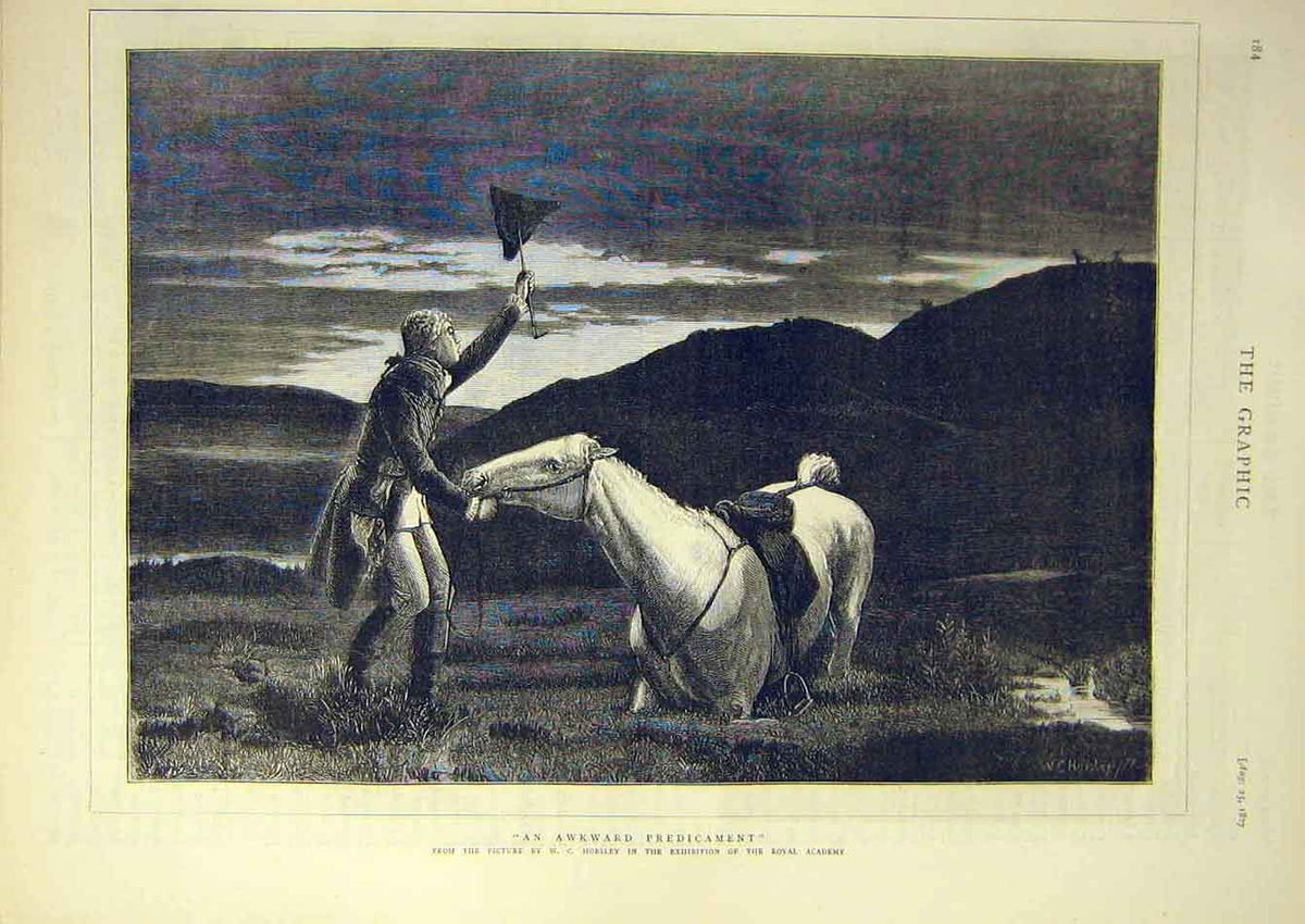 Old Antique Print 1877 Awkward Predicament Horsley Horse Rider Bog-Marsh 19th