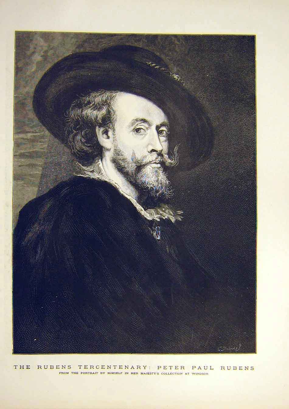 Original Old Antique Print Rubens Self-Portrait Artist Gentleman Fine Art