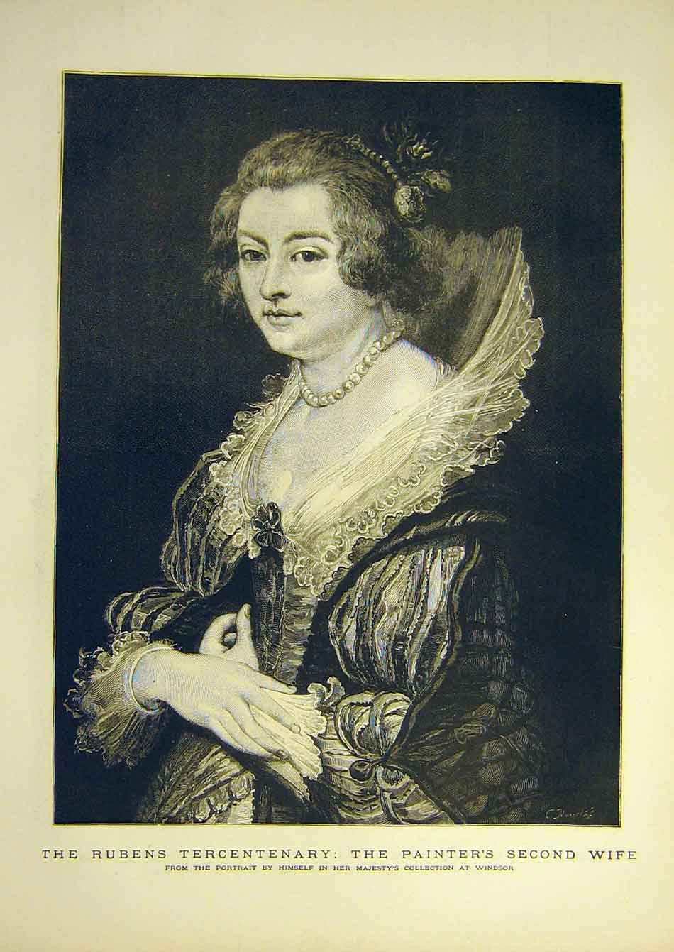 Original Old Antique Print Rubens Wife-Portrait Lady Woman Fine Art