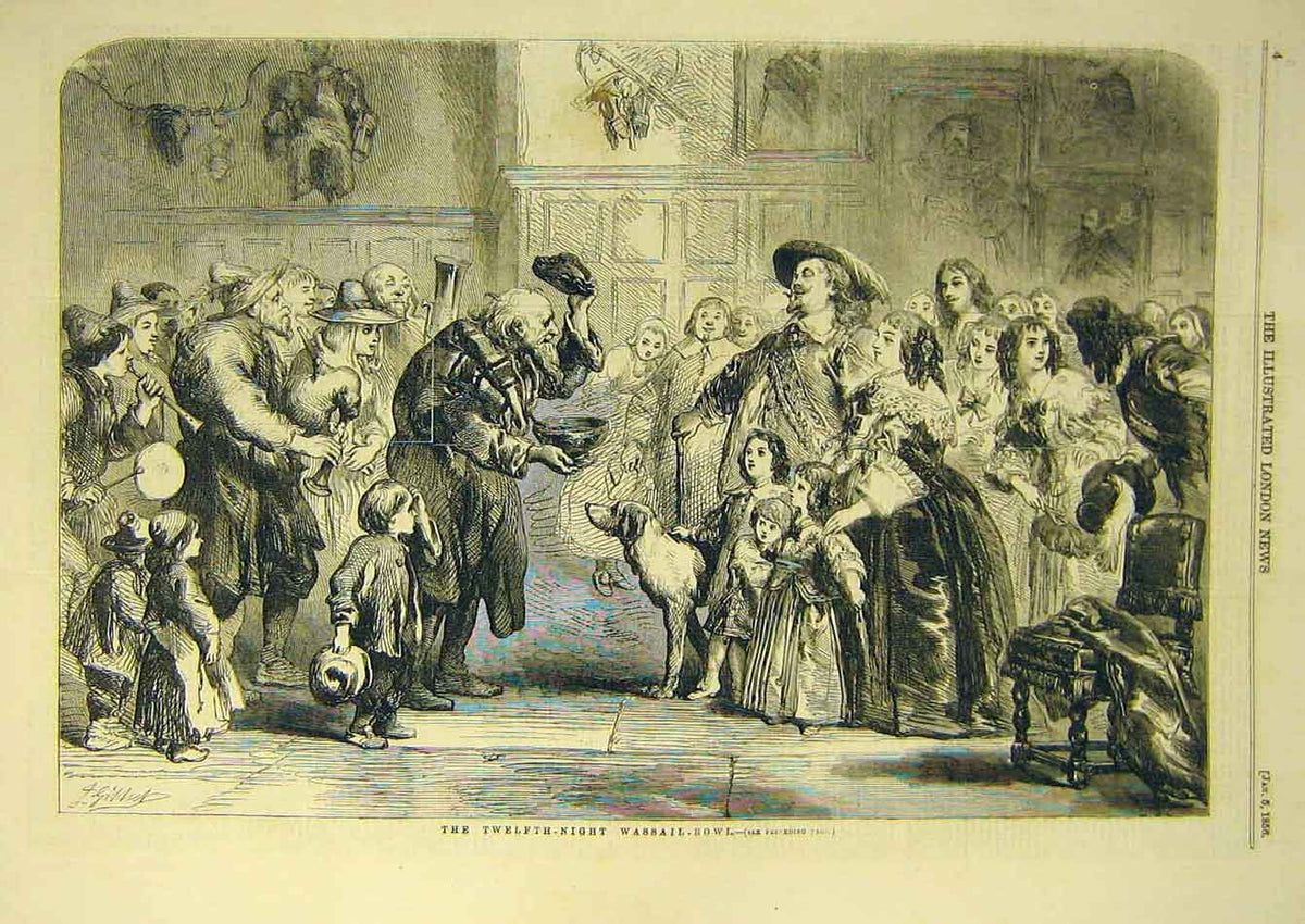 Original Old Antique Print 1856 Twelfth-Night Wassail-Bowl Scottish Custom 19th