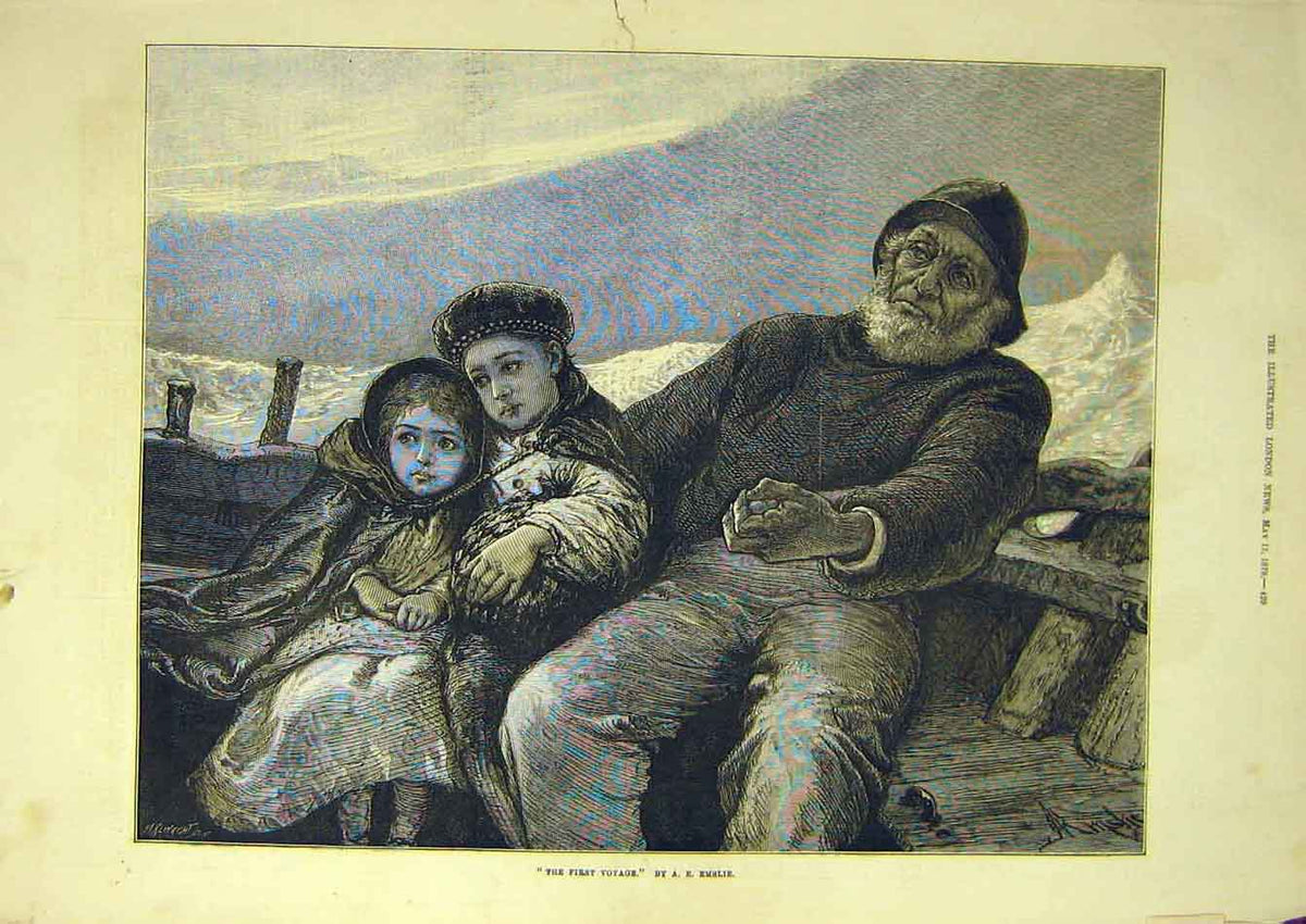 Original Old Antique Print 1878 First-Voyage Emslie Children Man Boat Sea 19th