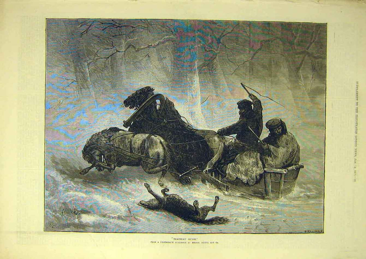Original Old Antique Print 1873 Traineau-Russe Russian Horse Sleigh Snow 19th