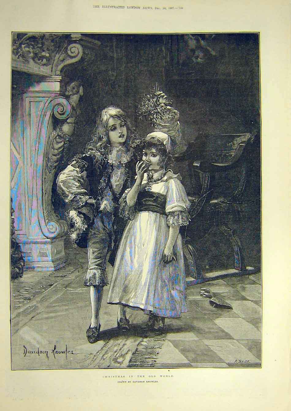 Original Old Antique Print 1887 -World Christmas Knowles Children Mistletoe 19th