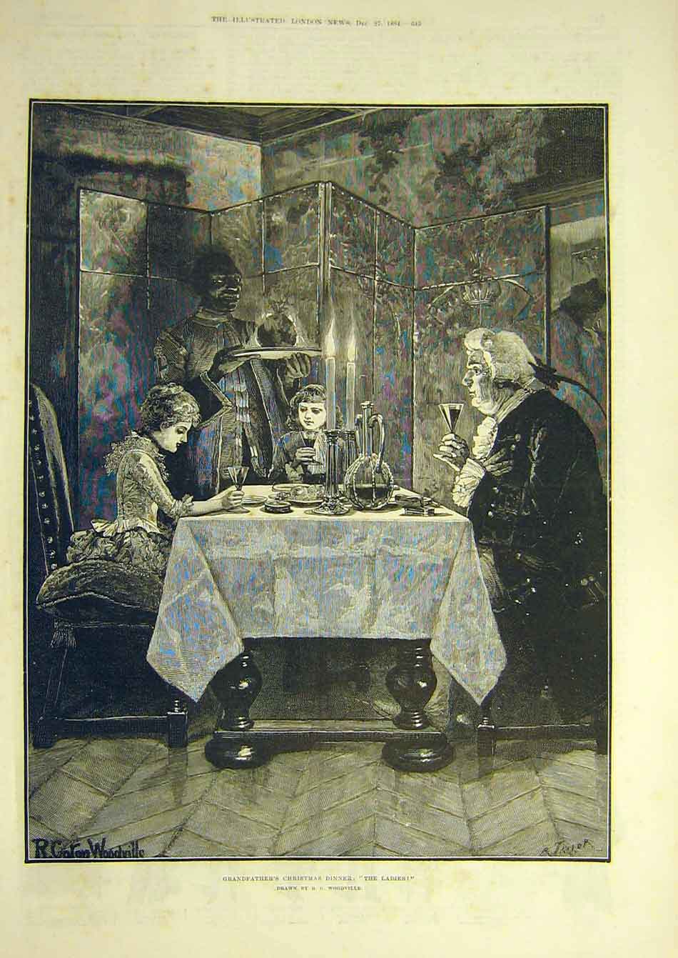 Original Old Antique Print 1884 Grandfather'S Christmas Dinner Ladies Woodville