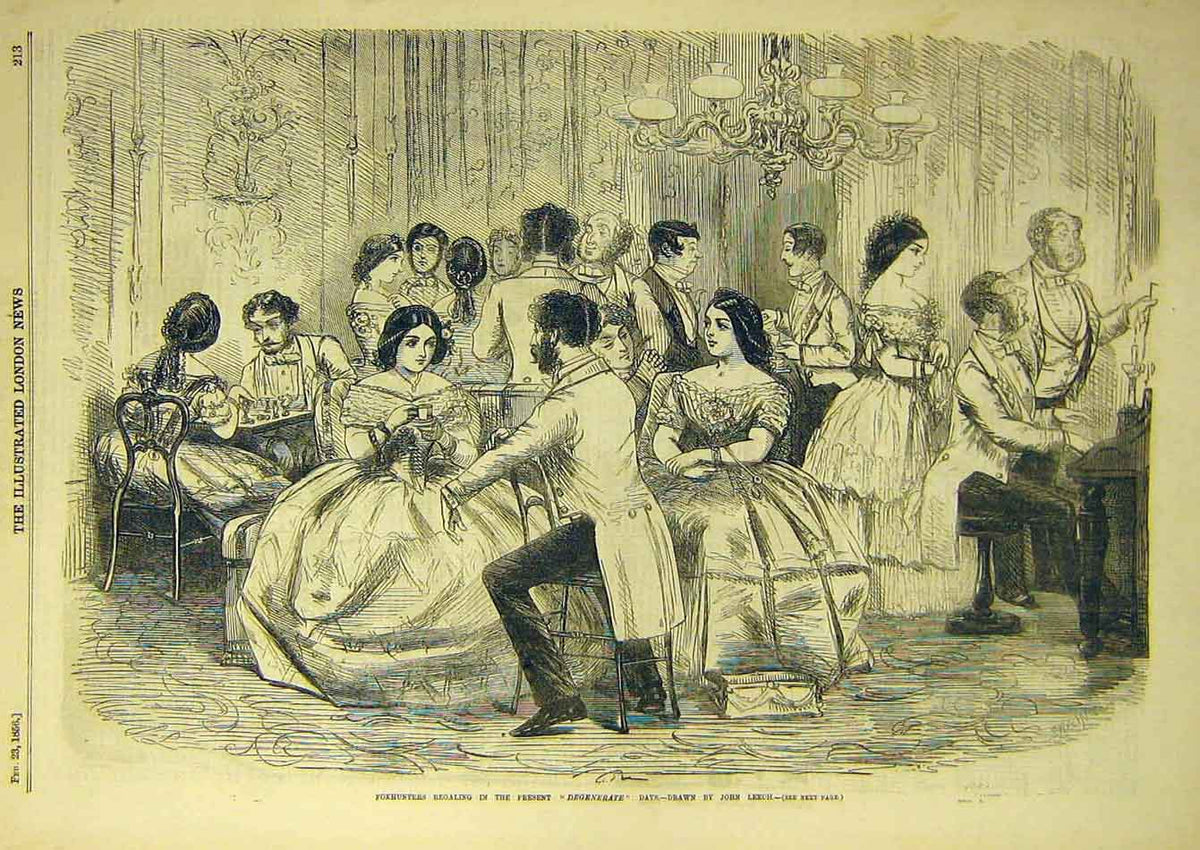 Original Old Antique Print 1856 Foxhunters Degenerate Days Leech Concert 19th