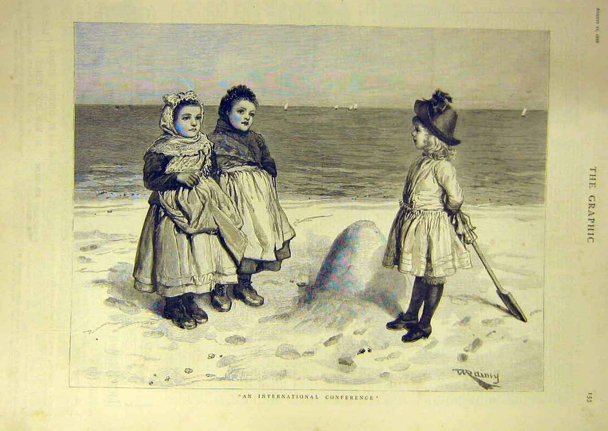 Original Old Antique Print 1888 International Conference Children Beach Sand Sea