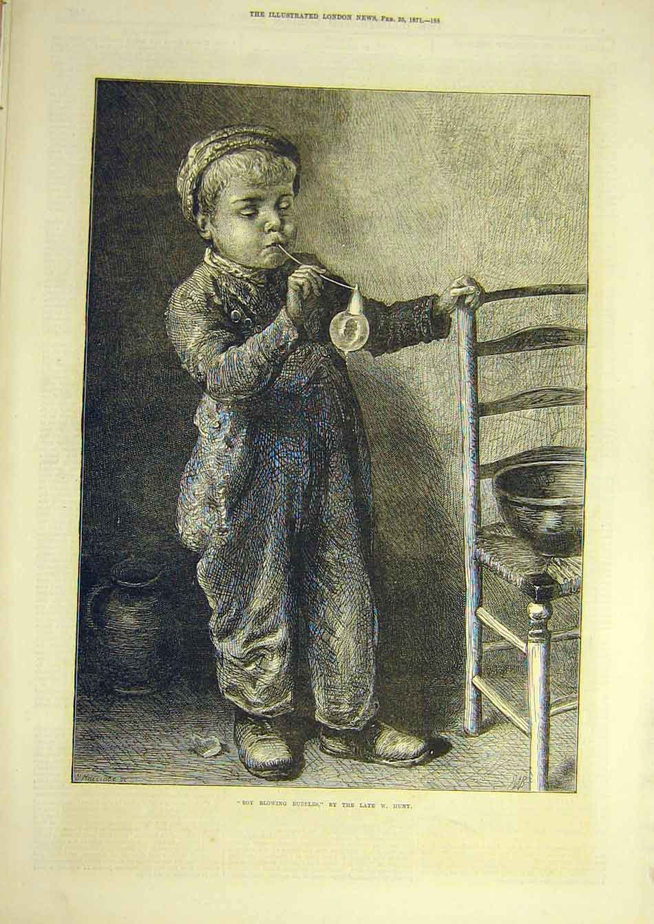 Original Old Antique Print 1871 Boy-Blowing-Bubbles Hunt Child Fine Art 19th