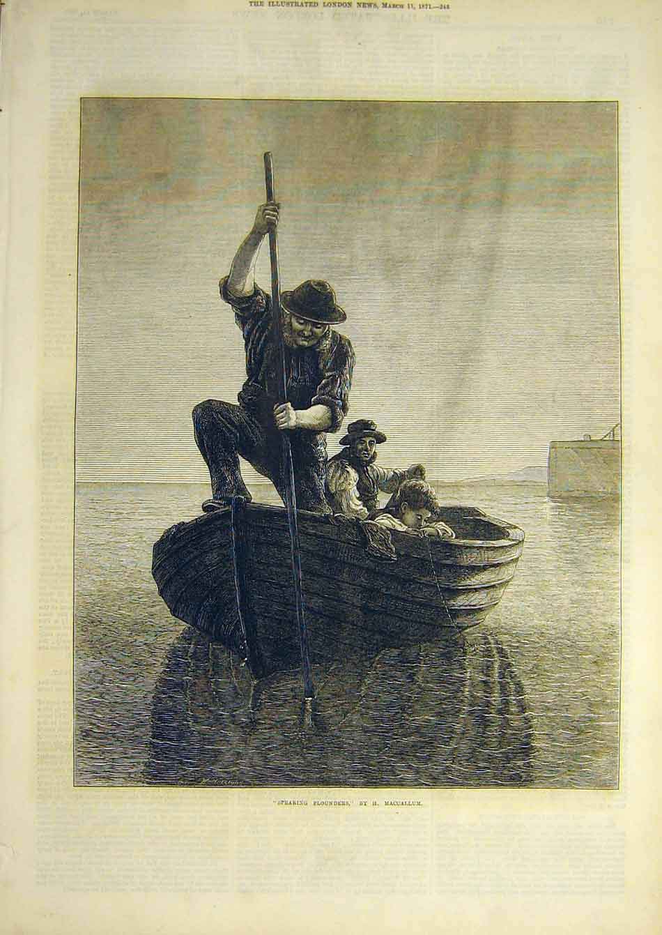 Original Old Antique Print 1871 Spearing-Flounders Maccalum Boat Fishing 19th