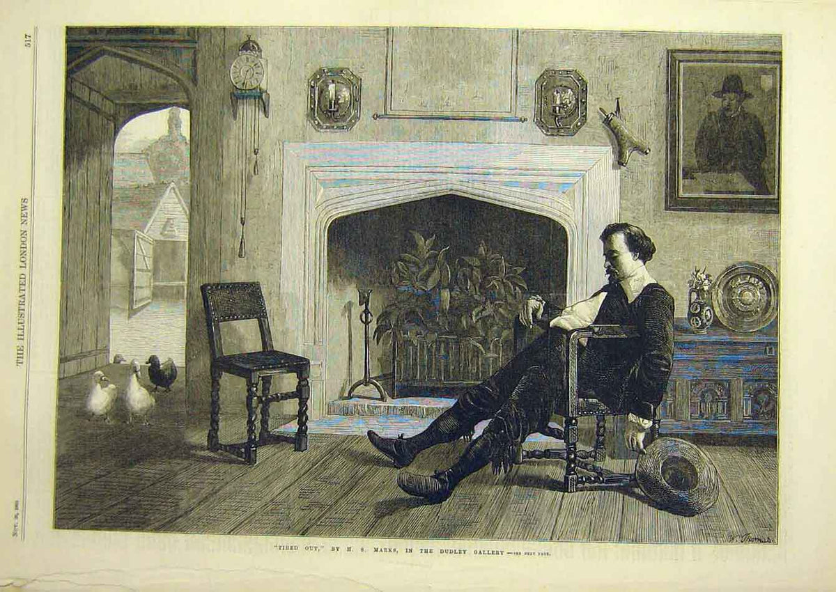 Original Old Antique Print 1868 Tired-Out Marks Man Asleep Chair Ducks Victorian