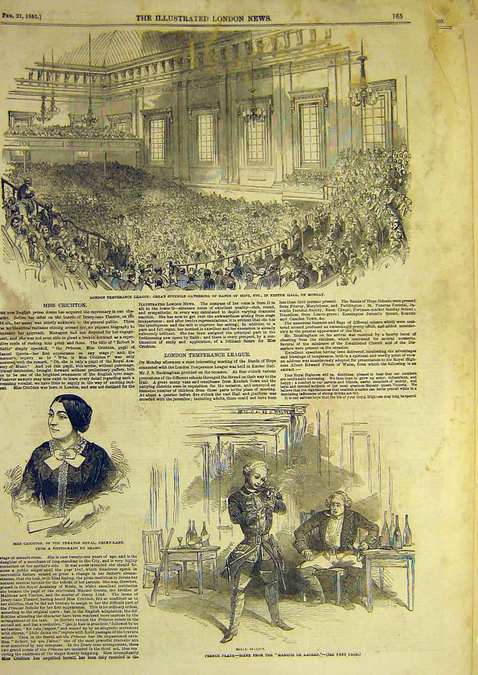 Original Old Antique Print 1852 Klondon Temperance League Exeter Critchon Plays