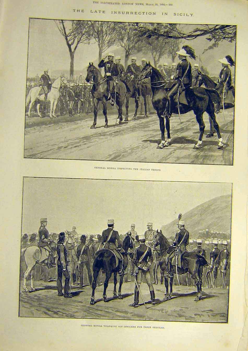 Old Antique Print 1894 Sicily Insurrection Morra Italian Troops Officers 19th