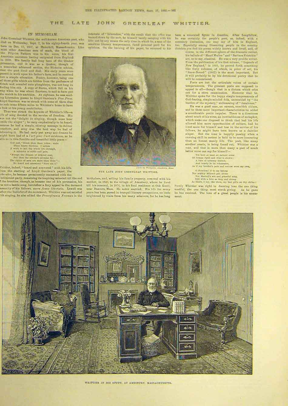 Original Old Antique Print 1892 Portrait Whittier Amesbury Massachusetts 19th